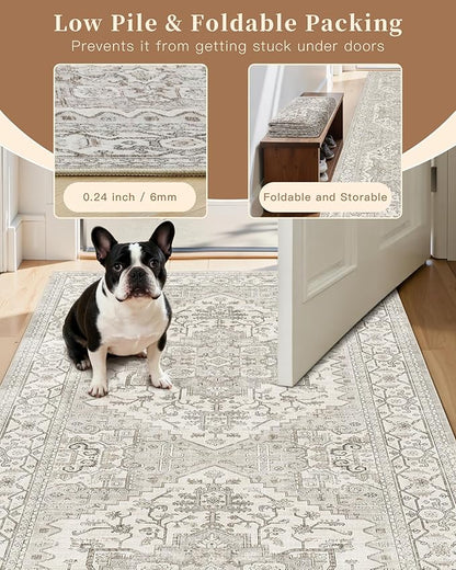 Madane Hallway Runner Rug 2'6''x14', Non Slip Vintage Runners for Hallways Washable Kitchen Rugs Soft Low Pile 2.5x14 ft Rug Runner for Laundry Room, Entryway and Bedroom, Beige/Brown