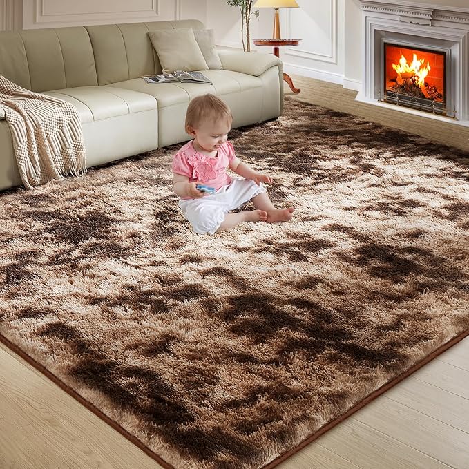 Ultra Soft Rug for Living Room, 6X9 Fluffy Shag Area Rug for Bedroom, Modern Shaggy Carpet Fuzzy Rug for Teens Dorm Nursery Home Decor Aesthetic, Upgrade Anti-Skid Durable, Tie-Dyed Coffee