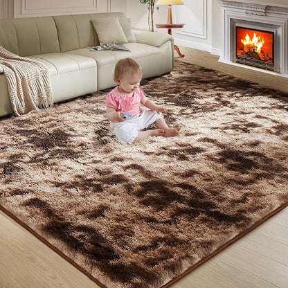 Ultra Soft Rug for Living Room, 8X10 Tie-Dyed Coffee Fluffy Shag Area Rug for Bedroom, Modern Shaggy Carpets Fuzzy Rug for Teens Dorm Nursery Home Decor Aesthetic, Upgrade Anti-Skid Durable