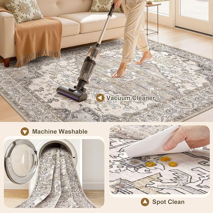 7x9 Washable Area Rugs for Living Room: Non Slip Vintage Brown Rug, Large Soft Stain Resistant Indoor Floor Carpets for Bedroom Dining Room Nursery Home Office Kid & Pet Friendly