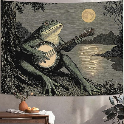 Leeisysme Funny Frog Tapestry, Boho Vintage Wall Hanging with Playing Banjo, Aesthetic Meme Decor for Bedroom Dorm Living Room, 60x80 inches