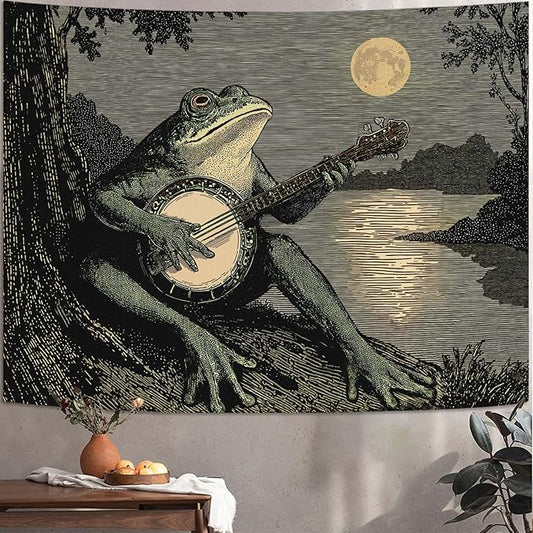 Leeisysme Funny Frog Tapestry, Boho Vintage Wall Hanging with Playing Banjo, Aesthetic Meme Decor for Bedroom Dorm Living Room, 60x80 inches
