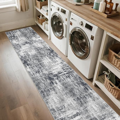Grey Runner Rugs for Hallway: Abstract Washable Runner Rug 2x10 for Entryway Kitchen Bedroom Bathroom - Modern Cozy Home Decor Long Carpet Mat Stain-Resistant - Dark Grey