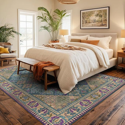 Kokia 4x6 Area Rugs for Living Room, Machine Washable Low Pile Rug, Non Slip Backing Boho Rugs for Bedroom, Printed Soft Vintage Carpet Teal Green Purple 4 x 6