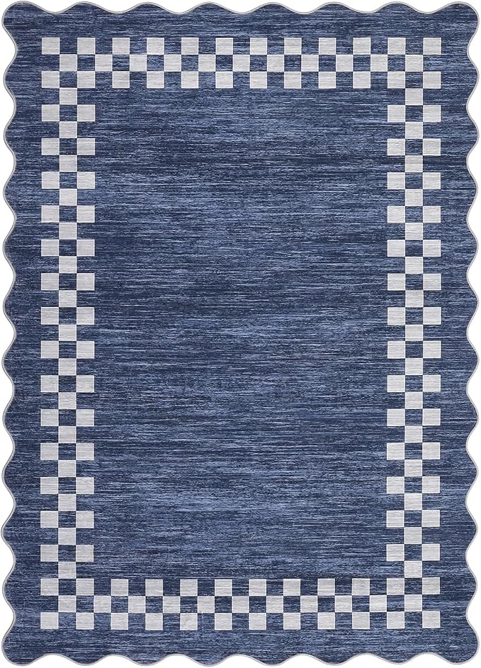 Small Area Rug 2x3 Modern Checkered Entry Rug Solid Color Scalloped Kitchen Rugs Washable Bedroom Doormat Non Slip Stain Resistant Bordered Throw Carpet for Living Room Nursery Laundry, Blue
