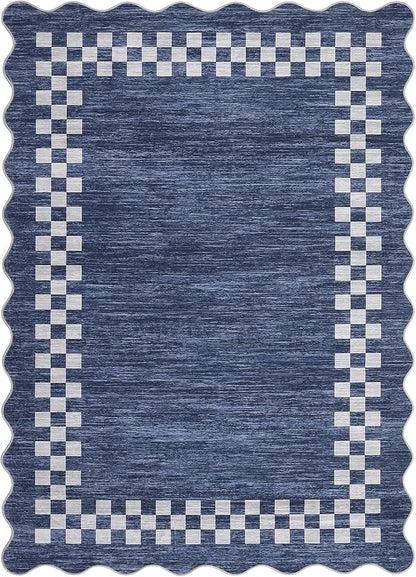 Small Area Rug 2x3 Modern Checkered Entry Rug Solid Color Scalloped Kitchen Rugs Washable Bedroom Doormat Non Slip Stain Resistant Bordered Throw Carpet for Living Room Nursery Laundry, Blue