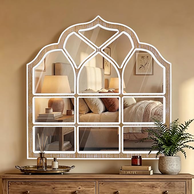 36x36 Inch Window Pane Wall Mirror, Farmhouse Gothic Arched Mirror, Rustic Decorative Cathedral Mirror for Living Room Entryway Home Decor