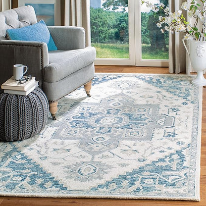 SAFAVIEH Micro-Loop Collection 3' x 5' IvoryNavy MLP503L Handmade Shabby Chic Medallion Premium Wool Entryway Living Room Foyer Bedroom Accent Rug