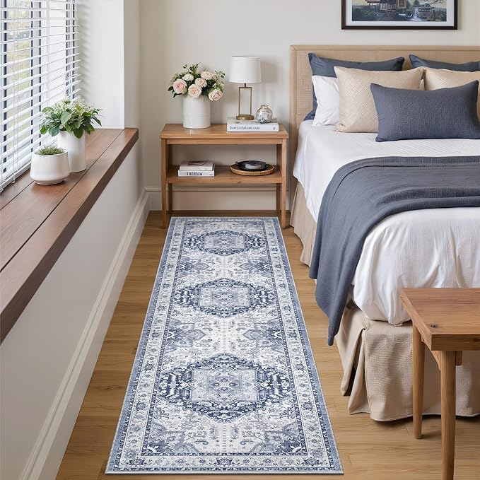 2x8 Washable Hallway Runner Rug - Kitchen Rugs with Non Slip Backing Vintage Soft Farmhouse Entryway Mat for Living Room Laundry Bedroom Bathroom Navy/Blue