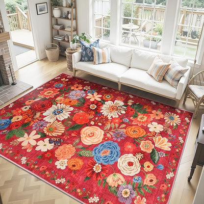 Washable Area Rug 8x10, Large Soft Rugs for Living Room Floral Red Carpet for Bedroom Dining Room Non-Slip Stain Resistant Under Table Rug