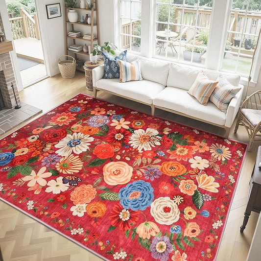 Washable Area Rug 8x10, Large Soft Rugs for Living Room Floral Red Carpet for Bedroom Dining Room Non-Slip Stain Resistant Under Table Rug