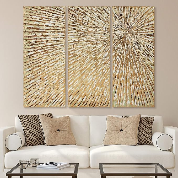 Empire Art Direct Gold Wall Art Textured Hand Painted Canvas by Martin Edwards, Triptych, 48" x 20" each, Sunshine