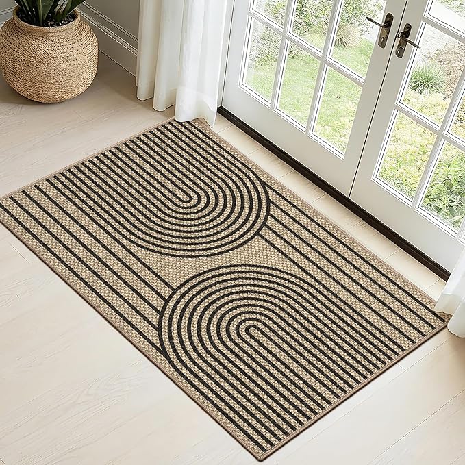 Easy Jute Front Door Mat, 2' x 3' Entryway Porch Rug, Black Farmhouse Ultra-Thin Washable Non-Slip Mat for Indoor Foyer & Outdoor Patio Decor