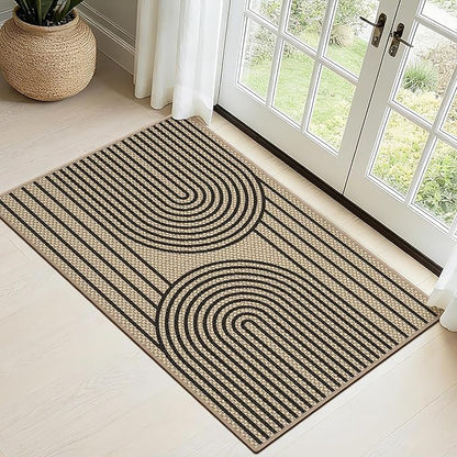 Easy Jute Front Door Mat, 2' x 3' Entryway Porch Rug, Black Farmhouse Ultra-Thin Washable Non-Slip Mat for Indoor Foyer & Outdoor Patio Decor
