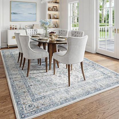 FMFUNCTEX 5x7 Blue Washable Area Rug Vintage Distressed Oriental Non Slip Low Pile Neutral Indoor Carpet for Living Room Bedroom Soft Retro Floral Thin Large Rug for Dining Nursery Office Dorm