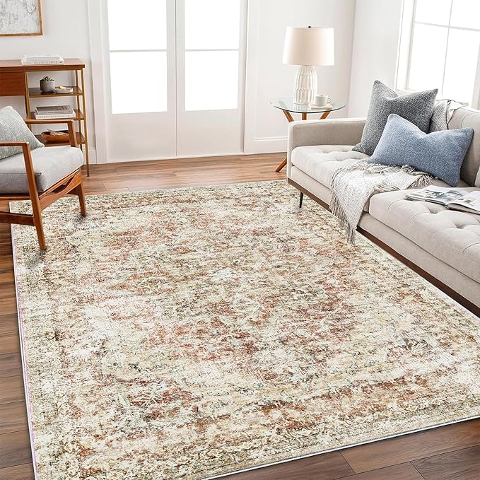 CHAMPLANT Washable Area Rug 3'x5' Vintage Traditional Floor Cover Foldable Thin Rugs Retro Kitchen Indoor Distressed Non Slip Carpet Floral Print Mat Bedroom Living Room