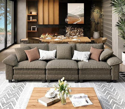 SUNSHINE VALLEY 3 Seat Modular Sofa, 123.6'' Oversized Modern Chenille Sectional Couch with Wider Armrest and Pillow, Upholstered Cloud Deep Seat Sofa for Living Room, Smoky Grey