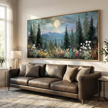 BQVCT Mountain Landscape Wall Art with Pine Trees and Wildflowers 20x40 Inch Full Moon Nature Scene Canvas Print with Wood Frame Forest Cabin Decor for Living Room Bedroom Office