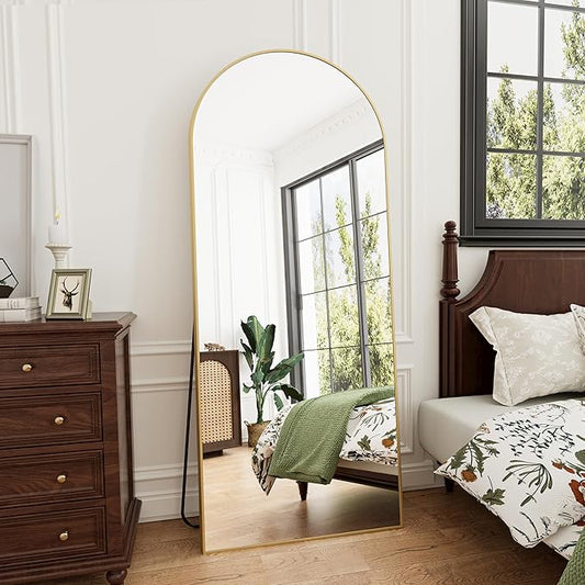 Rowjut Full Length Mirror Arched Floor Length Mirrors, 71"x26" Large Full Body & with Stand&Arch Wall Mounted &Standing Mirror for Bedroom Living Room, Aluminum Frame, Gold
