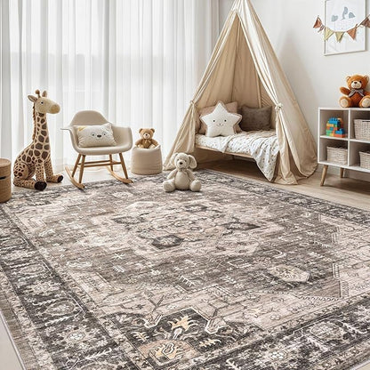 Area Rug 10x14 Washable Vintage - Soft Traditional Rug for Living Room Bedroom Dining Room or Home Office -Non Slip Backing Large Rugs with Low Pile Farmhouse Oriental Retro Carpet - Dark Brown