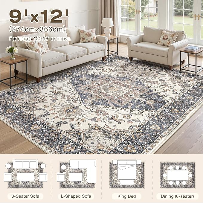 9x12 Washable Area Rugs for Living Room: Non Slip Vintage Beige Blue Rug, Large Soft Stain Resistant Indoor Floor Carpets for Bedroom Dining Room Nursery Home Office Kid & Pet Friendly