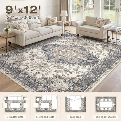 9x12 Washable Area Rugs for Living Room: Non Slip Vintage Beige Blue Rug, Large Soft Stain Resistant Indoor Floor Carpets for Bedroom Dining Room Nursery Home Office Kid & Pet Friendly