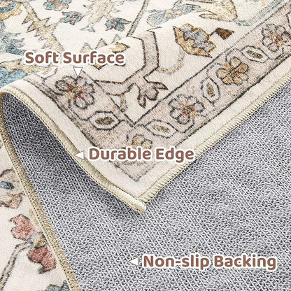 3x5 Washable Entryway Rug: Non-Slip Soft Vintage Floral Indoor Area Rug for Living Room Large Kitchen Entryway Bedroom Bedside, Door Mat Throw Carpet for Laundry Foyer Home Decor (Blue)