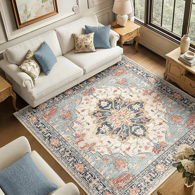 RELEANY Area Rugs Square 6ft Washable Non-Slip, Floral Vintage Distress Print Pattern Medallion Carpet for Living Room Bedroom Dining Room, Beige Navy Blue Orange Colorful