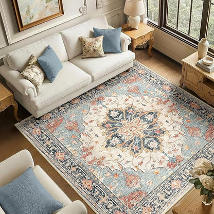 RELEANY Area Rugs Square 6ft Washable Non-Slip, Floral Vintage Distress Print Pattern Medallion Carpet for Living Room Bedroom Dining Room, Beige Navy Blue Orange Colorful