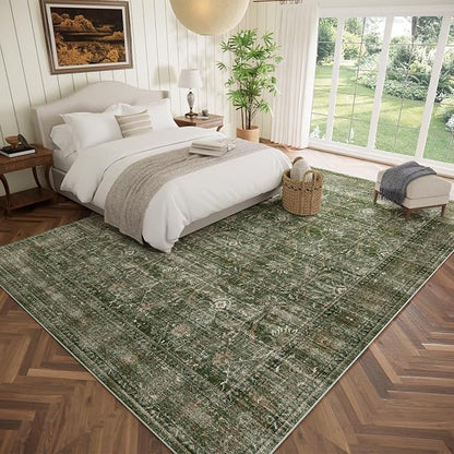 Washable 10x14 Area Rugs for Living Room, Boho Non-Slip Vintage Distress Large Rugs for Bedroom Dining Room Office, 0.3" Neutral Oriental Throw Thin Carpet, Grass Green/Multi, D1