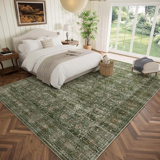 Washable 10x14 Area Rugs for Living Room, Boho Non-Slip Vintage Distress Large Rugs for Bedroom Dining Room Office, 0.3" Neutral Oriental Throw Thin Carpet, Grass Green/Multi, D1