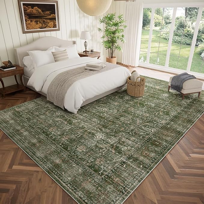 Washable 9x12 Area Rugs for Living Room, Boho Non-Slip Vintage Distress Lager Rugs for Bedroom Dining Room Nursery Office, 0.3" Neutral Oriental Throw Thin Carpet, Grass Green/Multi, D1