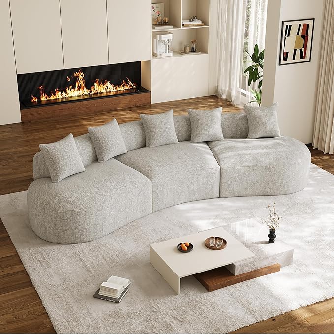 134" Oversized Sectional Sofa for Living Room, Modern Luxury Plush Chenille 4-Seater Extra Deep & Wide Seat Curved Cloud Couch with 5 Throw Pillows, No Assembly Needed, Light Grey