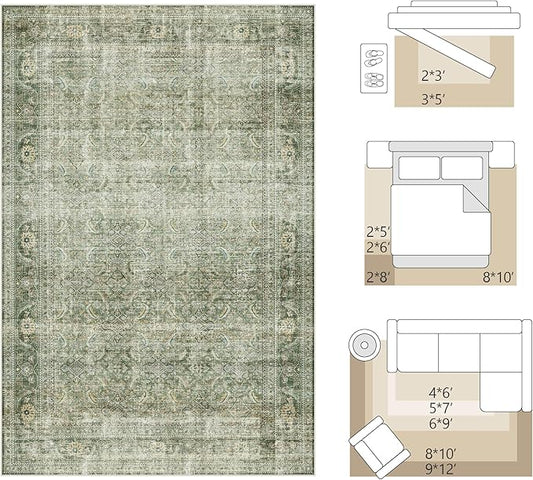 FMFUNCTEX 6x9 Washable Area Rug Green Vintage Neutral Distressed Large Non Slip Carpet for Living Room Bedroom Soft Low Pile Indoor Mat Retro Throw Rug for Dining Room Kitchen Office Nursery