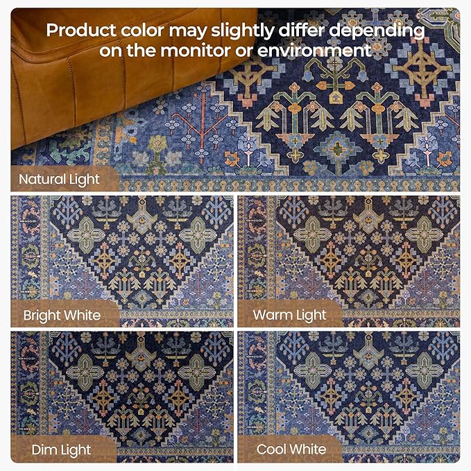 8x10 Area Rugs for Living Room, Machine Washable Low Pile Rug, Non Slip Backing Boho Rugs for Bedroom, Printed Soft Vintage Carpet Navy Blue Green 8 x 10