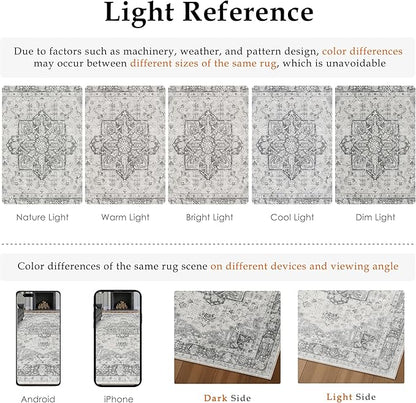 PureCozy Gray 5x7 Area Rug Washable Vintage Living Room Carpet Non Slip Retro Distressed Low Pile Soft Oriental Medallion Thin Grey Throw Rug for Kitchen Bathroom Office Bedroom Dining Room