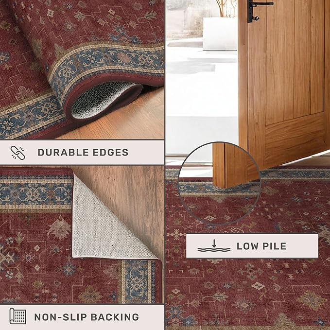 Large Burgundy 3x12 Long Runner Rug for Hallway - Washable Kitchen Rug, Low Pile Thin Carpet for Bedroom Bedside, Foyer, Non Slip Unique Bohemian Red Décor