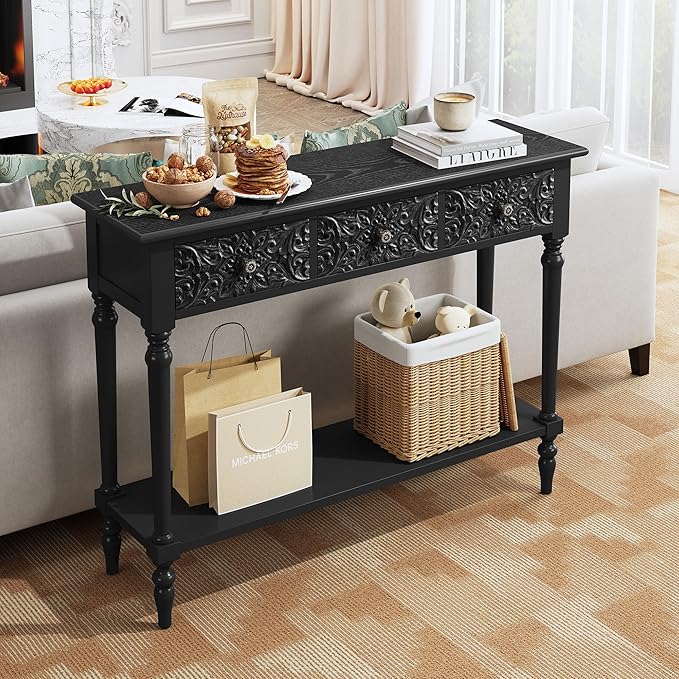 3More Entryway Console Table with 3 Drawers,42" Carved Hallway Table with Open Shelf,Long Sofa Table for Living Room, Hallway, Behind Couch,Black