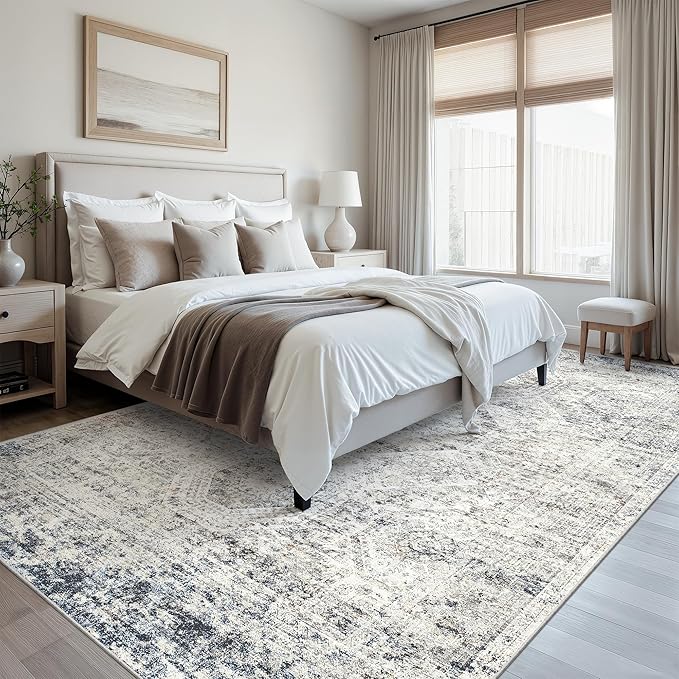 Soalmost 7x10 Area Rug for Living Room Washable Abstract Vintage Soft Thin Indoor Floor Non-Slip Carpet for Bedroom Dining Room Blue Ivory