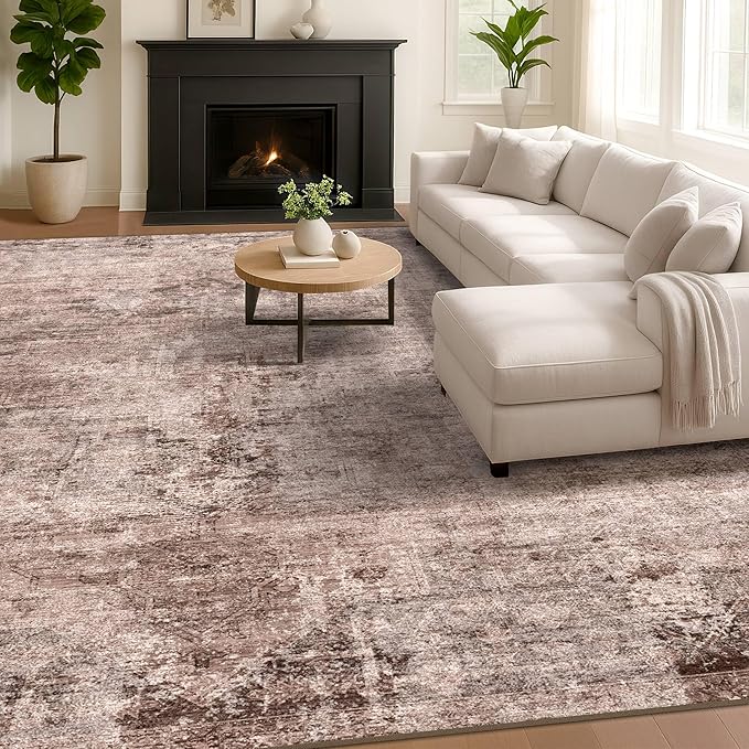 Hazo Haus Brown Living Room Rug 9x12 - Retro Large Rug for Dining Room, Fireplace, Bedroom, Washable Non Slip Low Pile Abstract Warm Brown and Terracotta