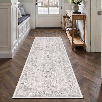PureCozy Gray Entryway Runner Rug 2x4 Door Mat Machine Washable Kitchen Carpet Vintage Distressed Non Slip Indoor Grey Retro Floral Accent Throw Small Rug for Bathroom Office Bedroom Dining Room
