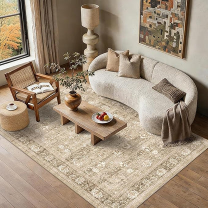 5x7 Beige Washable Area Rugs for Living Room Non Slip Low Pile Vintage Boho Throw Rug Khaki Soft Retro Distressed Floral Carpet Indoor for Bedroom Dining Room Office Kitchen Playroom