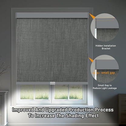 AOSKY Linen Roller Blinds Shades for Indoor Windows Pull Down Cordless Blackout Black Out Window Shade 41 Inch Blinds for Home Dark Grey