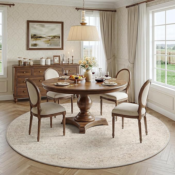 FMFUNCTEX 6ft Round Washable Area Rug Beige Vintage Neutral Oriental Distressed Non Slip Carpet for Living Room Bedroom Soft Low Pile Indoor Mat Retro Cream Rug for Dining Room Office Nursery Entry