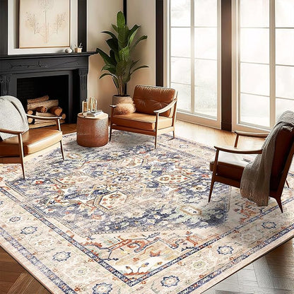 CHAMPLANT Washable Area Rug 8'x10' Blue Khaki Retro Boho Design Non-Shedding Non-Slip Easy Care Ideal for High Traffic Areas in Living Room Bedroom Office Coffee Table Kitchen Large Carpet