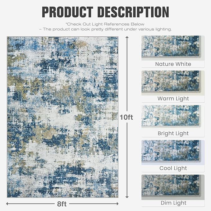 Area Rug 8x10 Living Room Rug Washable: No-Slip Abstract Soft Thin Large Blue Rugs, Indoor Floor Stain Resistant Modern Carpet for Bedroom Dining Room Farmhouse Nursery Home Office (Blue, 8'x10')