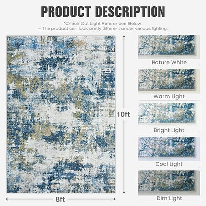 Area Rug 8x10 Living Room Rug Washable: No-Slip Abstract Soft Thin Large Blue Rugs, Indoor Floor Stain Resistant Modern Carpet for Bedroom Dining Room Farmhouse Nursery Home Office (Blue, 8'x10')
