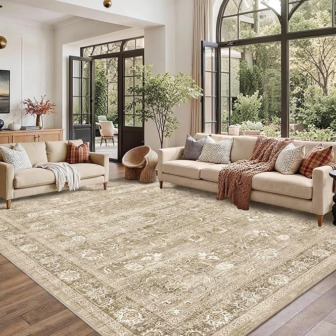 9x12 Beige Washable Area Rugs for Living Room Non Slip Low Pile Vintage Throw Rug Khaki Soft Retro Distressed Floral Large Carpet Indoor for Bedroom Dining Room Office Kitchen Playroom