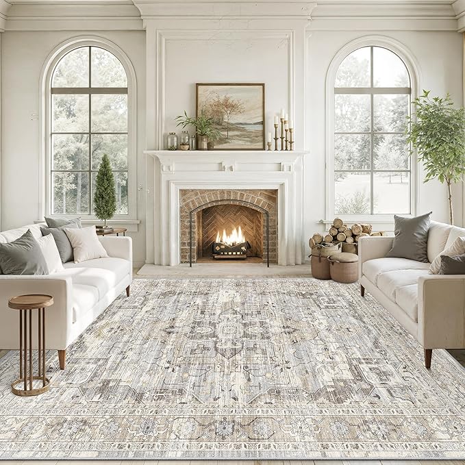 10x14 Living Room Rug - Large Washable Non Slip Vintage Rugs Low Pile Stain Resistant Distressed Carpet for Bedroom Dining Room Home Office 10'x14' Beige/Brown