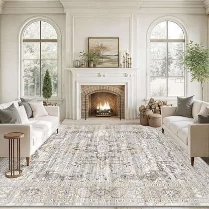 10x14 Living Room Rug - Large Washable Non Slip Vintage Rugs Low Pile Stain Resistant Distressed Carpet for Bedroom Dining Room Home Office 10'x14' Beige/Brown